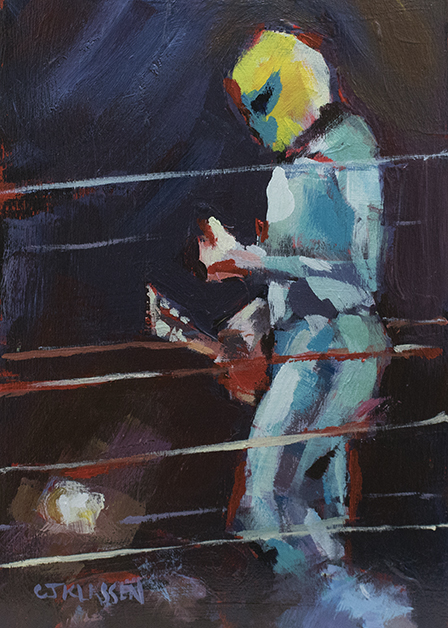 a luchador with a ukulele in the wrestling ring